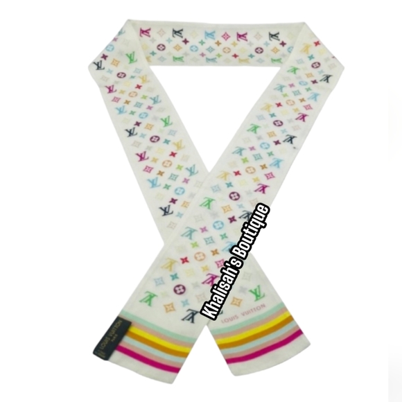 RARE Authentic Louis Vuitton Multicolor Monogram Twilly/Bandeau/Scarf 100% Silk! - Picture 1 of 8